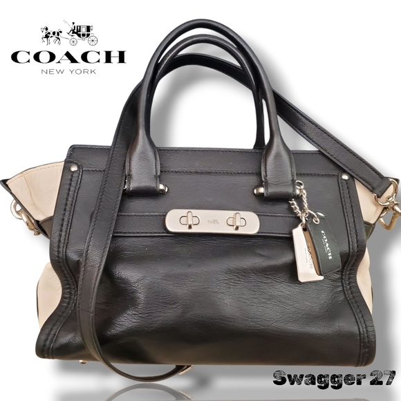 Coach Swagger 27 Black & Chalk Crossbody Satchel, Hang Tags & Original Crossbody - Picture 5 of 17